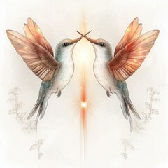 Two Mirrored Neon Hummingbirds with Wings Spread Touching Beaks in Symmetrical Design for a Vibrant Sticker Art Creation