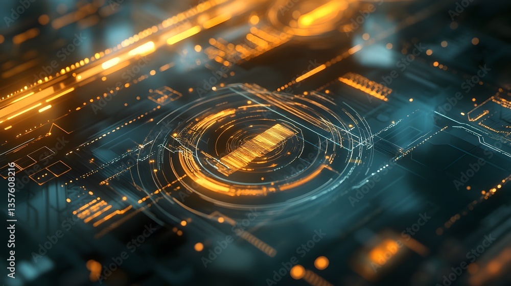 Poster a close-up view of a technological motherboard circuit with vibrant illuminated details