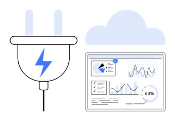 Electric plug with lightning bolt, cloud silhouette, and dashboard displaying graphs, charts, and progress metrics. Ideal for energy, sustainability, analytics, technology cloud computing