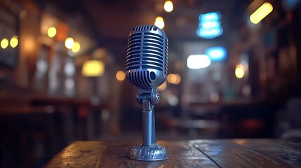 Vintage microphone on wooden table in dimly lit bar.