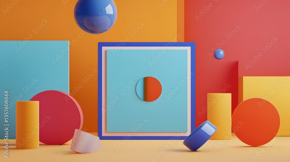 Poster an array of vibrant geometric shapes in an artistic and creative composition