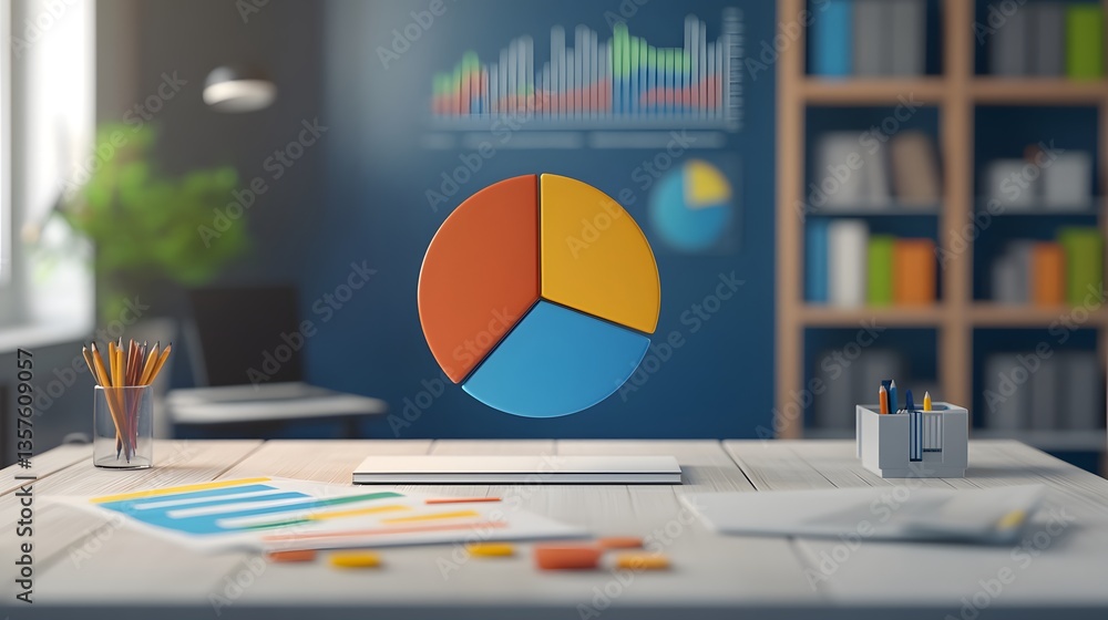 Poster a pie chart on a wooden desk with graphs and computer. it's an example of data visualization