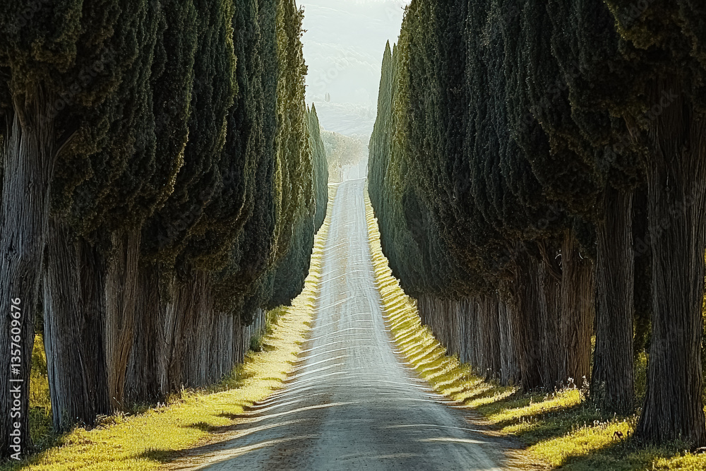 Poster road with a long row of trees on either side. the road is empty and the trees are tall