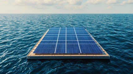 Carbon-neutral cities renewable and innovation, A floating solar panel array atop calm ocean waters, showcasing renewable energy innovation and sustainability.