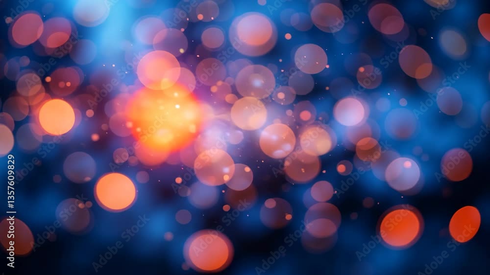 Poster abstract bokeh background with orange and blue glowing lights with blurry circles and dark backdrop