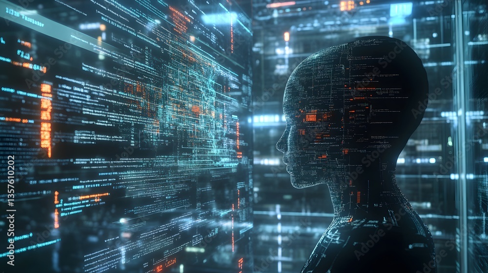 Poster a futuristic humanoid figure observing data streams. the scene is filled with digital code and inter