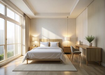 Fototapeta premium Minimalist Hospitality: Clean Hotel Room, Simple Elegance
