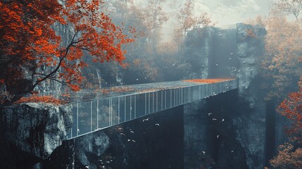 Autumnal Vision: Glass Bridge Nestled Amidst Foliage and Misty Cliffs