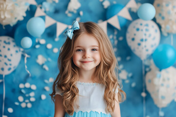 Fototapeta premium Birthday girl with bow in festive setup