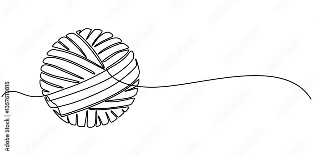 Poster ball of yarn in continuous one line art drawing style, clew ball of thread. continuous one line draw