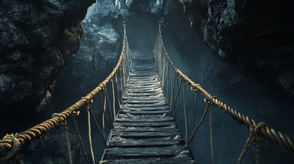 Suspension Bridge Leading into a Mysterious Cave with Dark Passageway