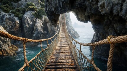 Suspension Bridge Adventure: A Journey Across Coastal Cliffs and Turquoise Waters