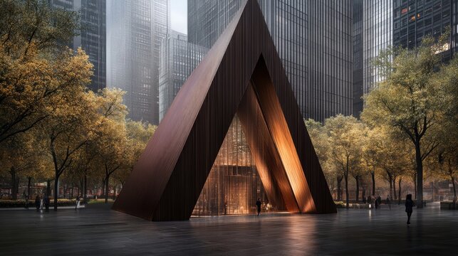 A striking modern structure with a triangular design stands amid towering skyscrapers, surrounded by autumn trees, This image can be used for architecture, urban development