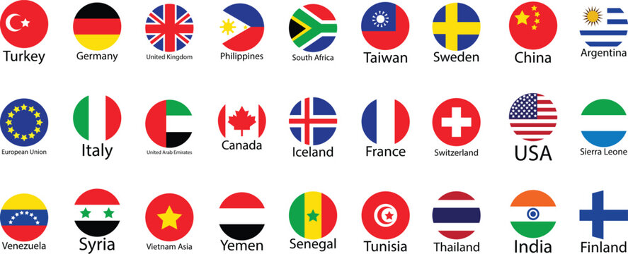 Set of official national flags of the world. Country round shape flags collection. Official coloring signs, countries flag banners. International travel symbols isolated on transparent background.