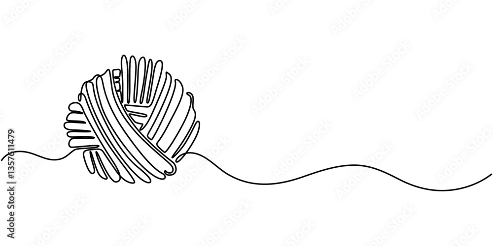 Poster ball of yarn in continuous one line art drawing style, clew ball of thread. continuous one line draw