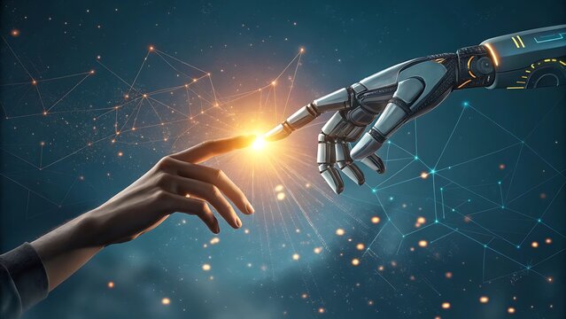 A Human helping hand Robot digital version, Touching virtual world, touch the finger of human on a dark blue background, artificial intelligence technology	