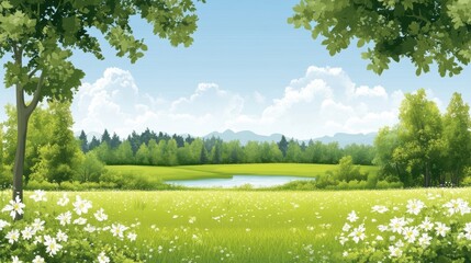 Fototapeta premium A serene landscape featuring a vibrant green meadow, blooming flowers, and a peaceful pond under a blue sky with fluffy clouds, Ideal for nature-themed projects, relaxation