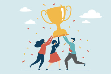 Team success achievement, winning trophy award together, celebrate team effort collaboration, teamwork motivation, ambition concept, business people colleague celebrate award winning trophy together.
