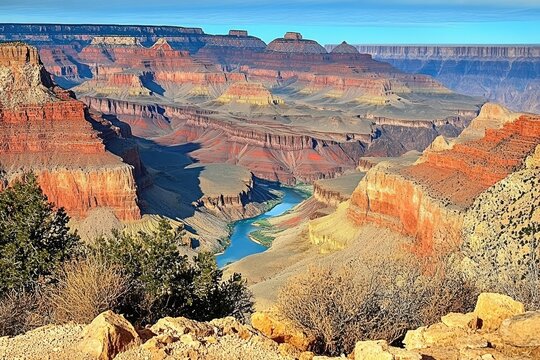 Majestic canyon vista; layered rock formations, river below - Powered by Adobe