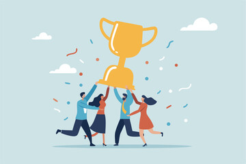 Team success achievement, winning trophy award together, celebrate team effort collaboration, teamwork motivation, ambition concept, business people colleague celebrate award winning trophy together.