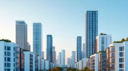 Obraz premium Carbon-neutral cities renewable and innovation, A modern urban skyline featuring tall skyscrapers and contemporary architecture under a clear blue sky.