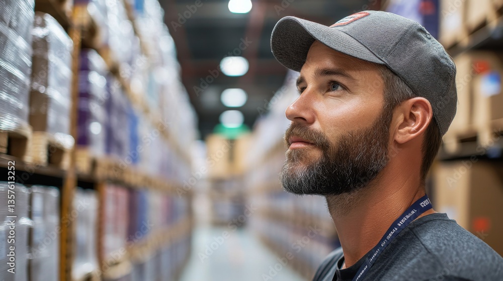 Poster a warehouse employee thoughtfully assesses inventory while surrounded by neatly arranged storage she