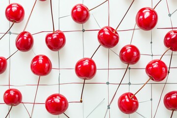 Fresh red cherries on white background pattern with stems