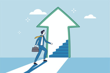 Stairway to new opportunity, success path or open door to career chance, leadership improvement, progress or solving problem concept, businessman open arrow up door to walk up stair to success.