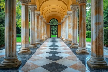 Ancient Columns and Checkered Path in a Garden