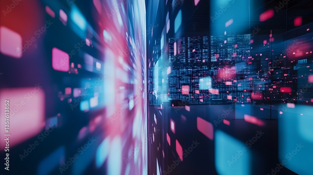 Poster abstract futuristic cityscape with neon light and data flow, this image captures a dynamic perspecti