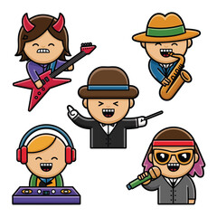 2d vector illustration icon cool entertainment cartoon character  music tools (Drum , Music Note , Headphones ,Microphone , Piano , Guitar ,Record) 
