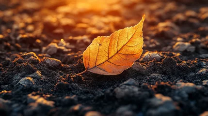 Fototapete Rund Single golden autumn leaf on dark soil ground at sunset fall life brown © Muslima