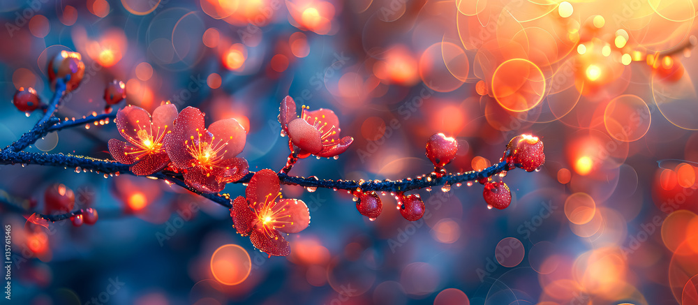 Poster close up of a branch with red flowers. the flowers are drooping and the branch is wet. the image has