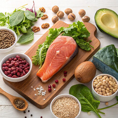 Balanced diet food background. Organic food for healthy nutrition, superfoods, meat, fish, legumes,...