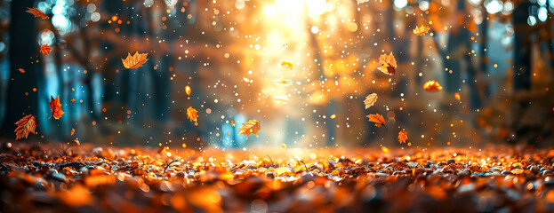 Serene forest scene with leaves falling from the trees and a bright sun shining through the branches. The leaves are scattered across the ground, creating a beautiful and peaceful atmosphere