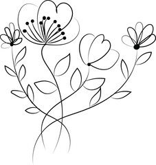 Continous line flower with leaves isolated on white background Hand drawn flower illustration