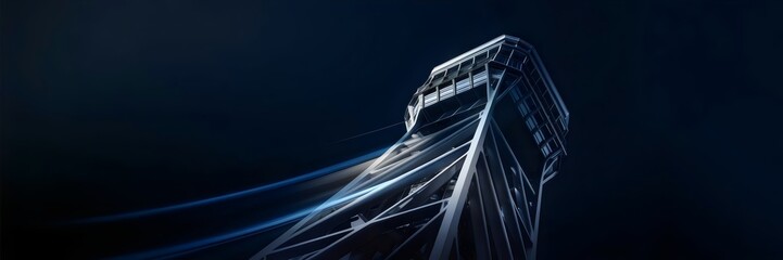 Fototapeta premium Deep navy gradient background with high-tech leaning tower – Perfect for professional branding, motion graphics, or modern design projects.