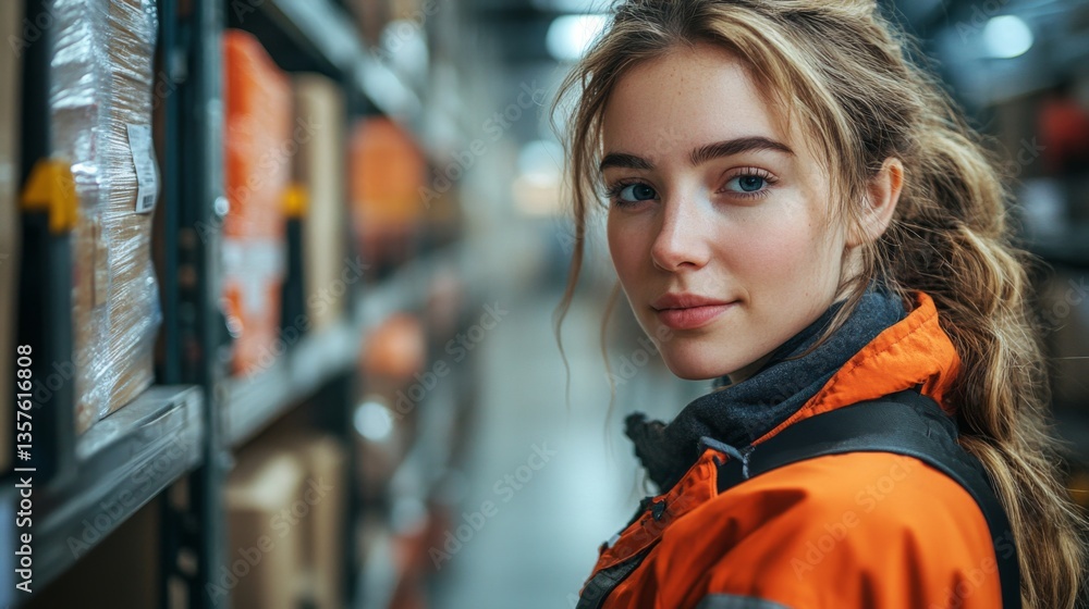 Poster A logistics warehouse filled with neatly organized boxes showcases a dedicated worker in an orange jacket. She is actively engaged in managing inventory and sorting items.