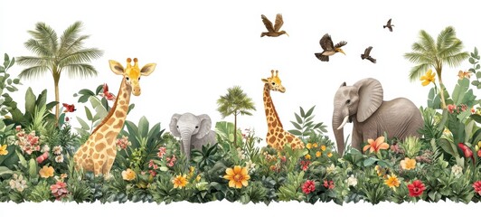 Adorable Giraffes and Elephant in Lush Tropical Jungle Setting