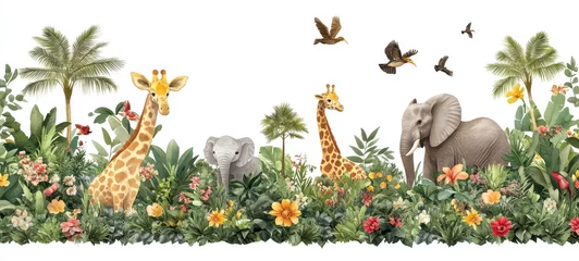 Adorable Giraffes and Elephant in Lush Tropical Jungle Setting