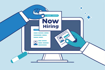 Job posting on recruitment website, employment or career opportunity online, HR or human resource offer help wanted or hiring position vacancy, HR hand posting job vacancy on online career website.