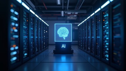 Fototapeta premium 3D rendering of a futuristic data center with a focus on a server rack containing a powerful AI processor. The processor is depicted as a glowing cube with a brain-like structure inside