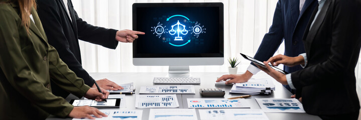 AI ethics responsibility standard law and rules on computer screen provide report of AI ethic...