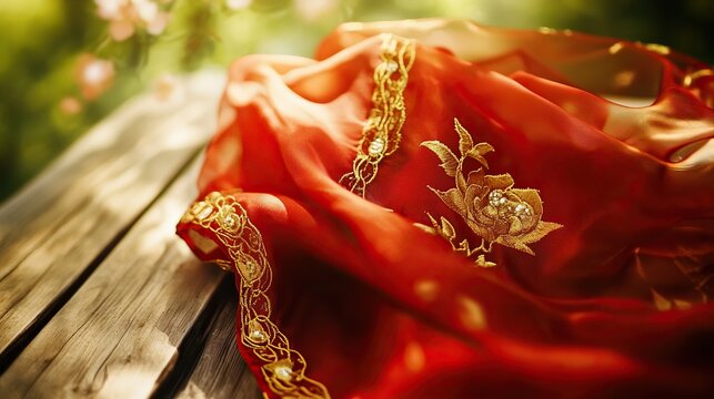 Vibrant red scarf with golden embroidery symbolizes youth and hope, evoking warmth and inspiration.
