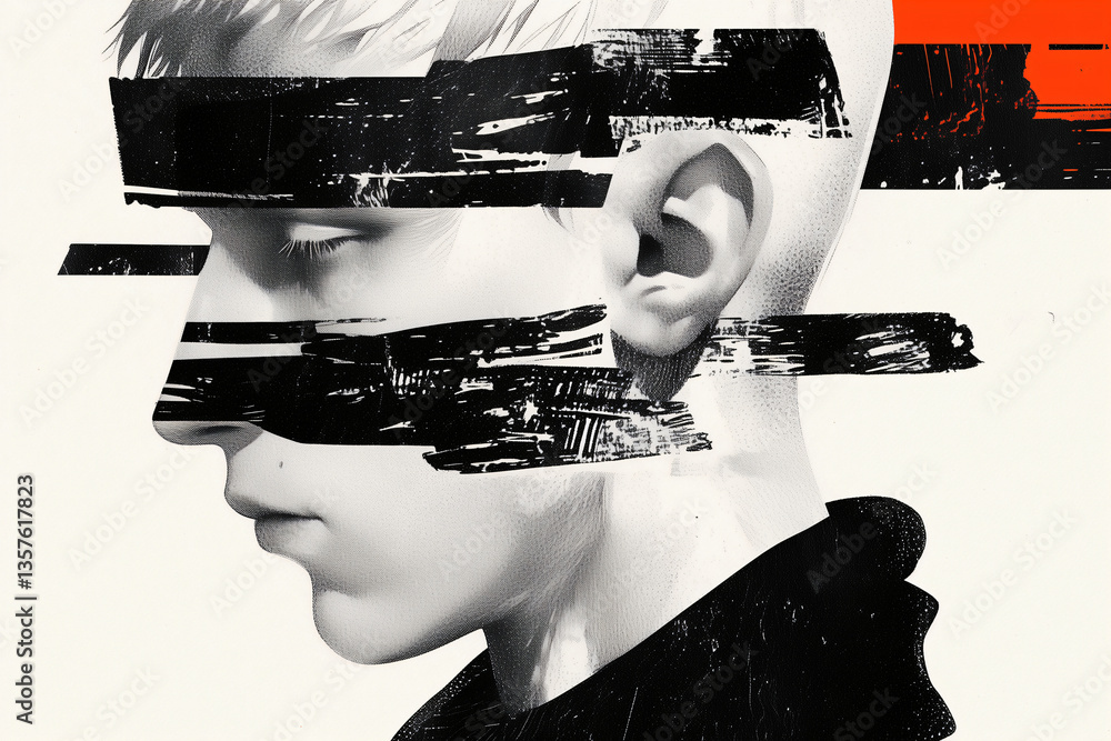 Poster identity crisis: an artistic depiction of a person with their face obscured by layered strokes, symb