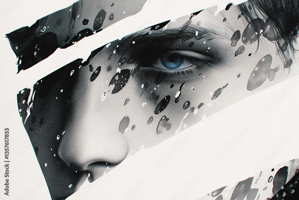 Poster abstract gaze: a dramatic close-up of a person's face, focusing on the intense blue eye and partiall