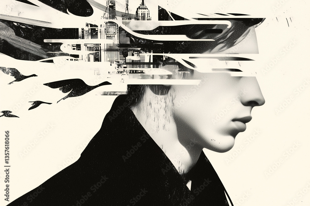 Poster mindscape: an artistic grayscale composition evokes introspective emotion, blending architecture, na