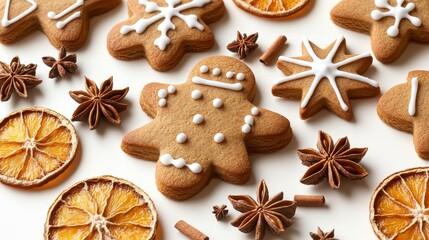 Assorted Christmas Gingerbread Cookies with Star Anise and Dried Oranges