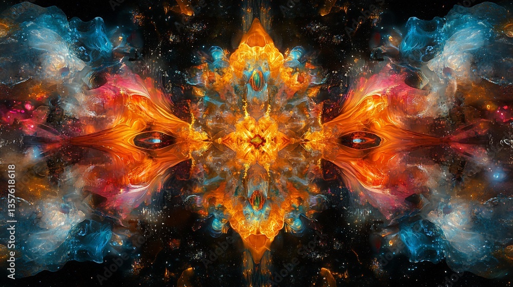 Poster abstract symmetrical cosmic design with vibrant colors and swirling patterns