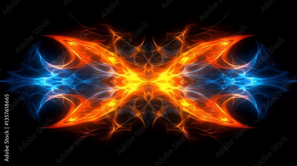 Poster abstract symmetrical design featuring vibrant orange and blue energy patterns, creating a captivatin